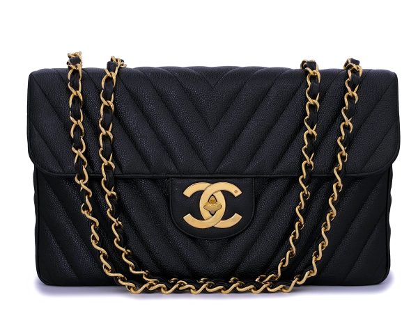 Chanel Vintage Caviar Maxi  Jumbo XL  Chevron Classic Flap Bag 24k GHW Online