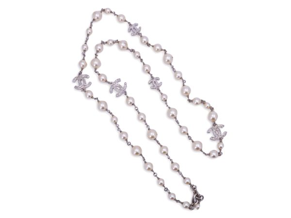 Chanel Classic Opera Pearl and Crystal CC Strand Necklace Silver 15V Online now