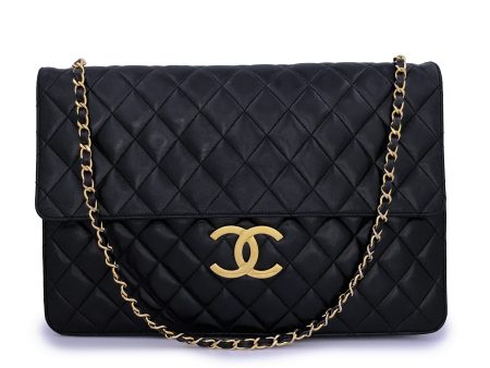 Rare Chanel Vintage Black XXL Classic Flap Clutch Bag 24k GHW Lambskin Sale