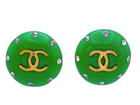 Rare Chanel 95P Green Painted Glass Large Crystal Studded CC Stud Earrings Online Hot Sale