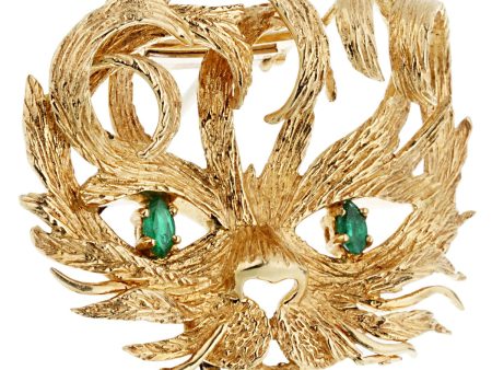 Hermes Mistigri Lion Cat Emerald Yellow Gold Brooch Cheap