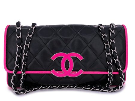 Chanel Electric Neon Pink & Black Large CC Logo Quilted Flap Bag For Discount