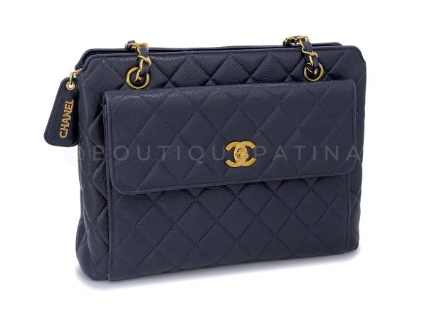 Chanel 1996 Vintage Navy Blue Caviar Classic Quilted Flap Tote Bag 24k GHW Cheap