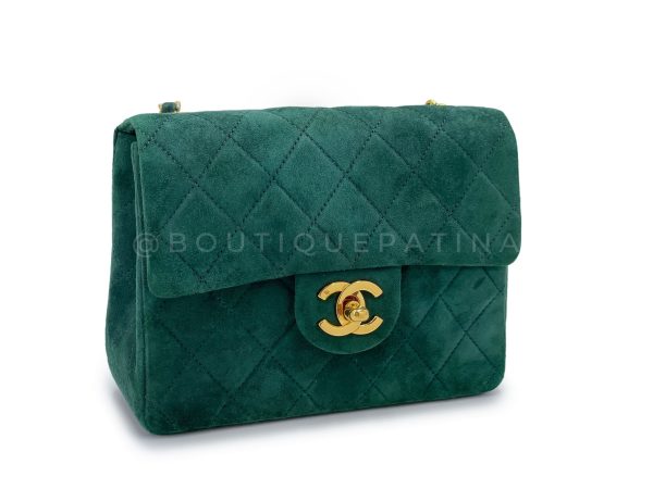 Chanel 1989 Vintage Emerald Green Suede Square Mini Flap Bag 24k GHW Hot on Sale