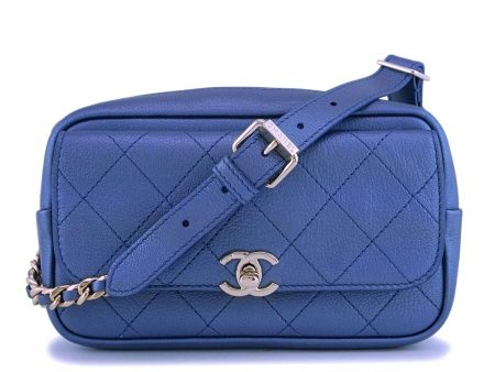 NIB 19C Chanel Pearly Iridescent Blue Waist Belt Bag Fanny Pack GHW For Sale