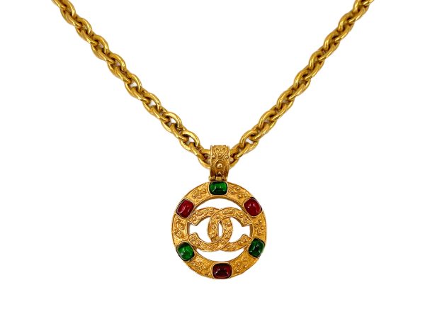 Chanel 94A Vintage Red and Green Gripoix Encircled CC Long Necklace Gold Online now