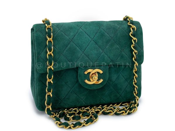 Chanel 1989 Vintage Emerald Green Suede Square Mini Flap Bag 24k GHW Hot on Sale