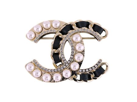 NIB Chanel Pearl Crystal Leather and Gold Chain Brooch AB0128 Hot on Sale