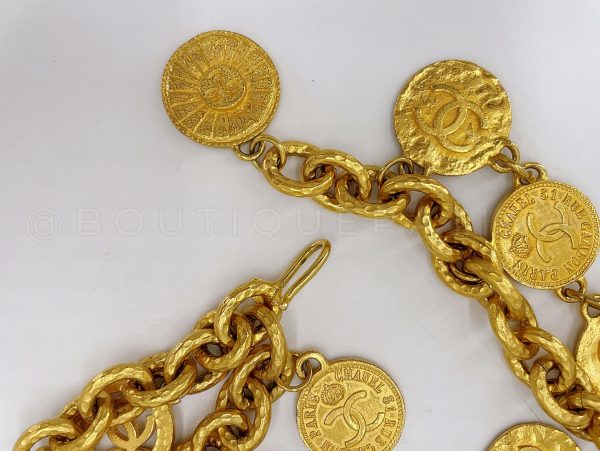 Rare Chanel Vintage 93C Coin and Cutout Three-Strand Belt Necklace Supply