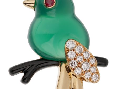 Cartier Vintage Bird on a Branch 18k Gold Chrysoprase Ruby Onyx Brooch Cheap