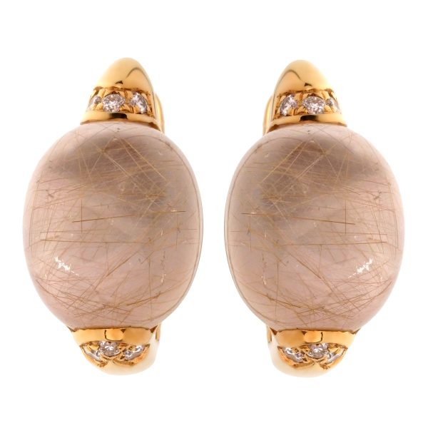 Roberto Coin Pink Rutilated Quartz Diamond Gold Earrings on Sale