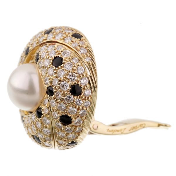 Cartier Panthere Diamond Pearl Yellow Gold Vintage Clip On Earrings For Discount