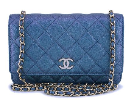 NIB 19S Chanel Iridescent Blue Caviar Classic Wallet on Chain Pearly CC WOC Bag Online now