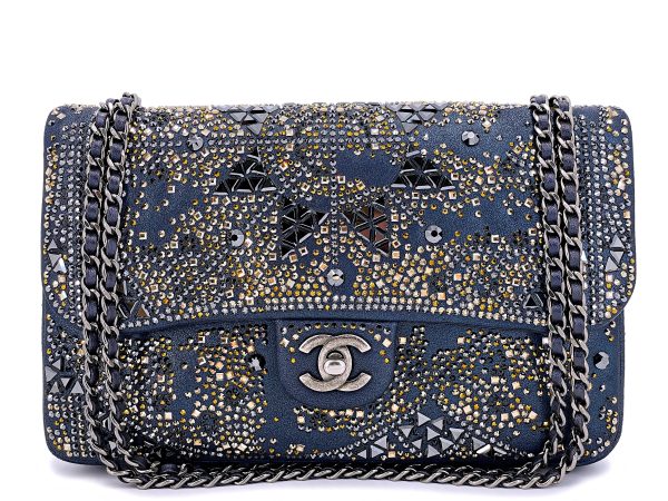 Chanel 16A Strass Crystal Buonasera Goatskin Medium Classic Flap Bag RHW Blue Fashion