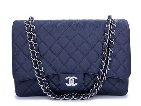 Chanel Navy Blue Caviar Maxi Classic Single Flap Bag SHW Fashion