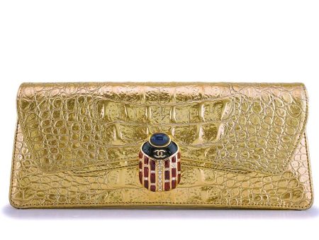 NIB 19A Chanel Gold Crocodile Embossed Limited Evening Clutch Bag on Sale