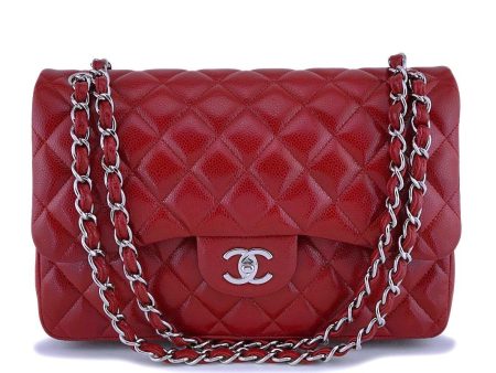 12A Chanel Red Caviar Jumbo Classic Double Flap Bag SHW For Sale