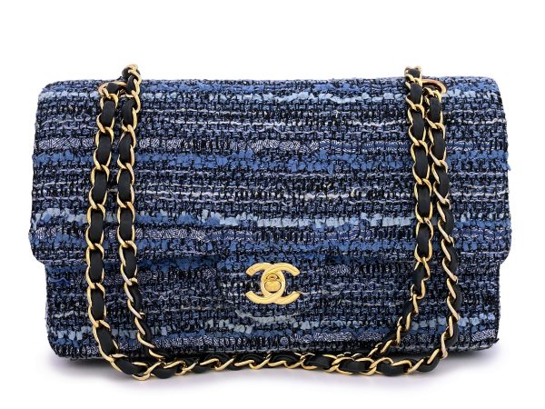 Chanel Vintage Blue Tweed Medium Classic Double Flap Bag 24k GHW Fashion