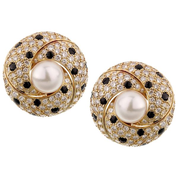 Cartier Panthere Diamond Pearl Yellow Gold Vintage Clip On Earrings For Discount