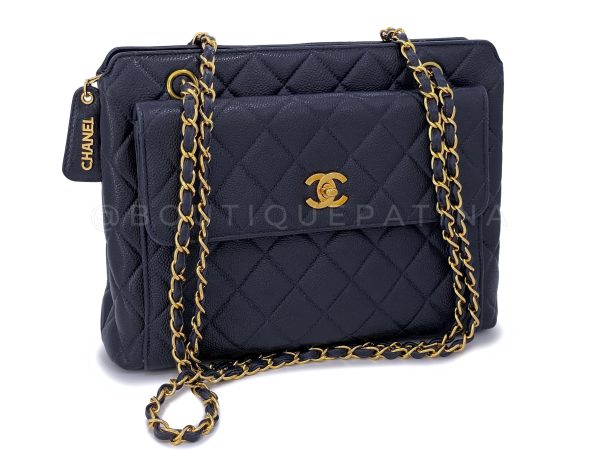 Chanel 1996 Vintage Navy Blue Caviar Classic Quilted Flap Tote Bag 24k GHW Cheap