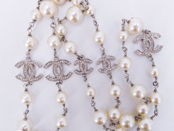 Chanel Classic Opera Pearl and Crystal CC Strand Necklace Silver 15V Online now