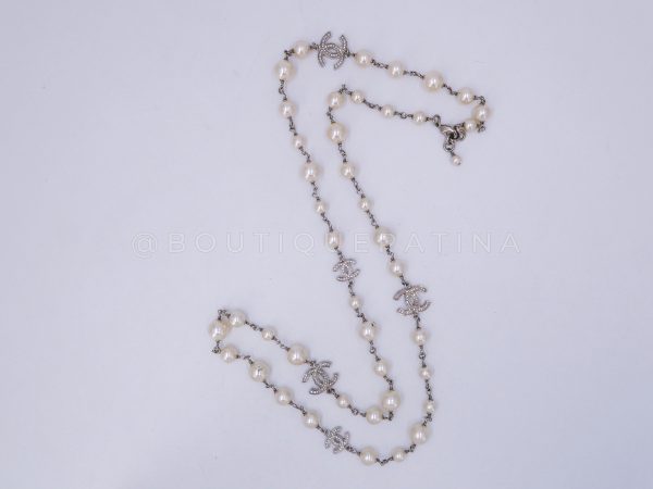 Chanel Classic Opera Pearl and Crystal CC Strand Necklace Silver 15V Online now