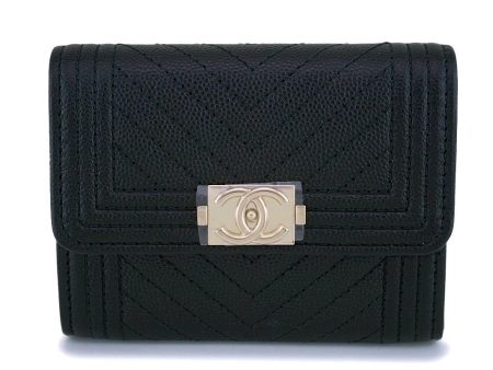 NIB 18S Chanel Black Caviar Chevron Boy XL Card Wallet Case GHW For Sale