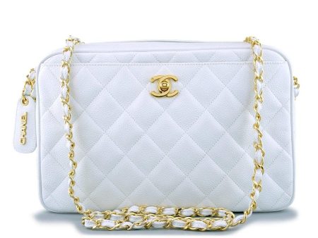 Rare Pristine Chanel White Caviar Quilted Classic Camera Case Clasp Bag on Sale