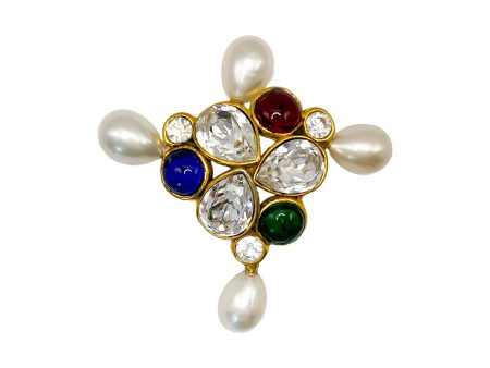 Chanel Gripoix Brooch Collection 28 Vintage Pearl and Crystal Cross on Sale