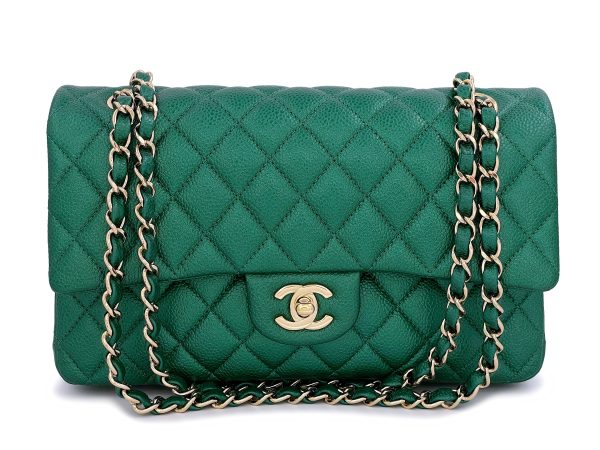 18S Chanel Iridescent Pearly Emerald Green Caviar Medium Classic Double Flap Bag GHW Fashion