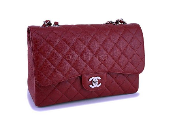 09C Chanel Dark Red Caviar Classic Jumbo Flap Bag SHW Online Sale