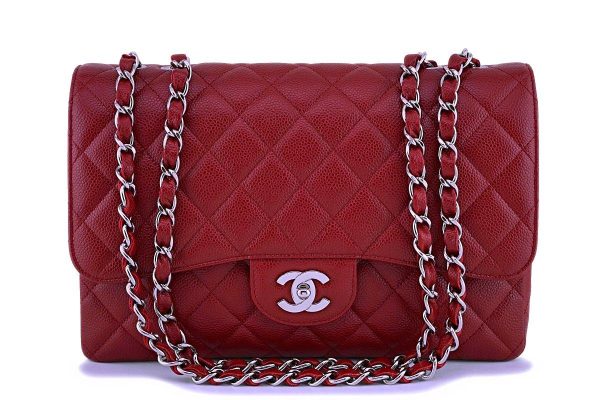 09C Chanel Dark Red Caviar Classic Jumbo Flap Bag SHW Online Sale