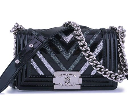 17K Chanel Black Glitter Chevron Patent Boy Flap Small Bag Discount