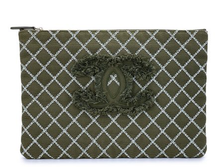 Chanel Khaki Green Contrast Stitch CC Large O Case Clutch Bag Fashion